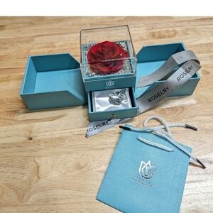 REAL ROSE Roselry Red Rose in Blue Gift Box With Projection Necklace!